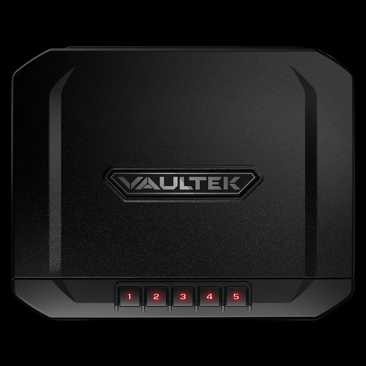 Black electronic VE10 safe with 'VAULTEK' branding on a black background