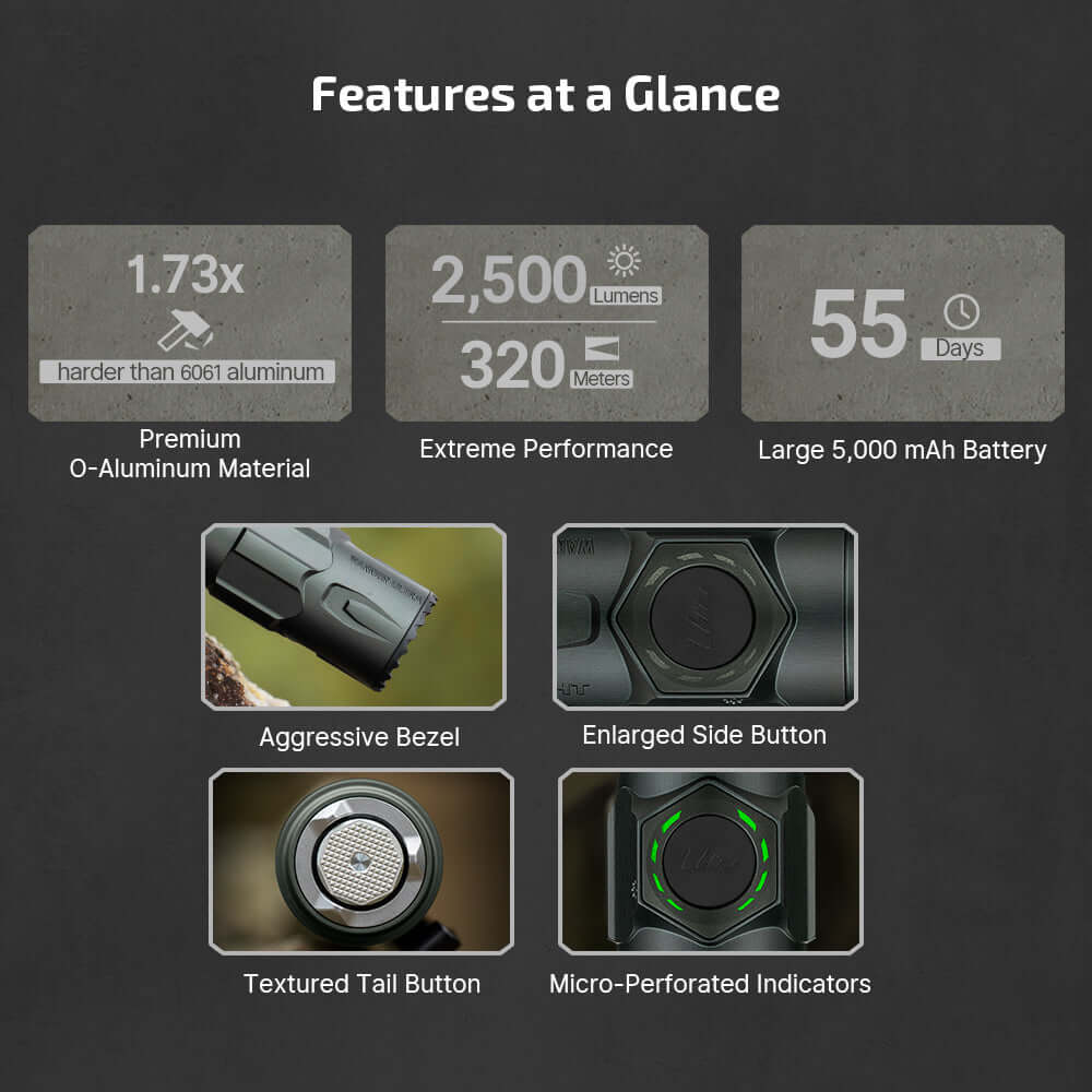 Olight Warrior Ultra 2500 Lumens Tactical Flashlight features overview with material specs and performance indicators.