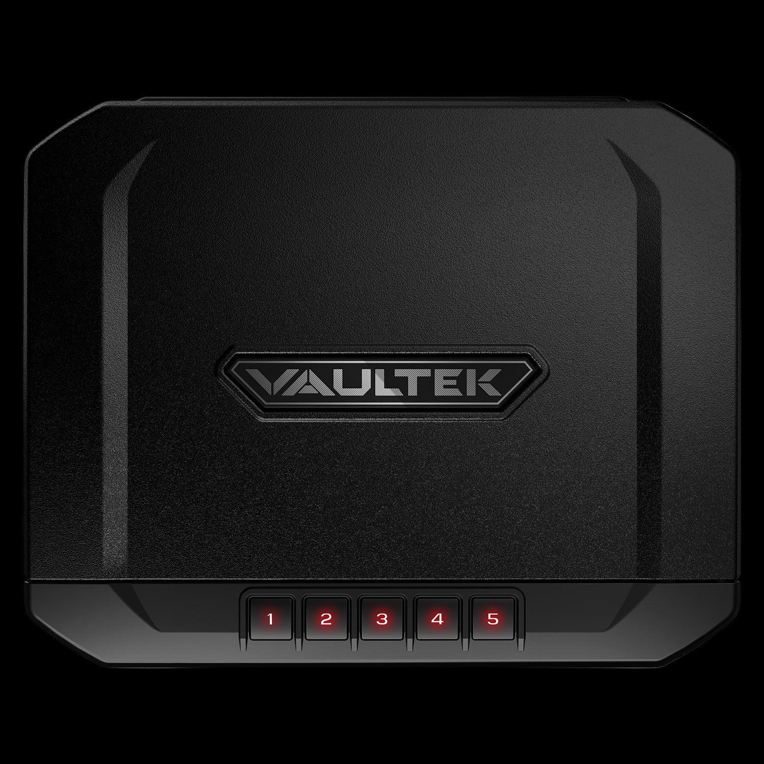 Black electronic VE10 safe with 'VAULTEK' branding on a black background