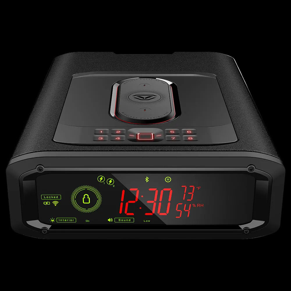 Vaultek DS5i Smart Station ViSN Biometric modern safe with digital display and wireless charging.