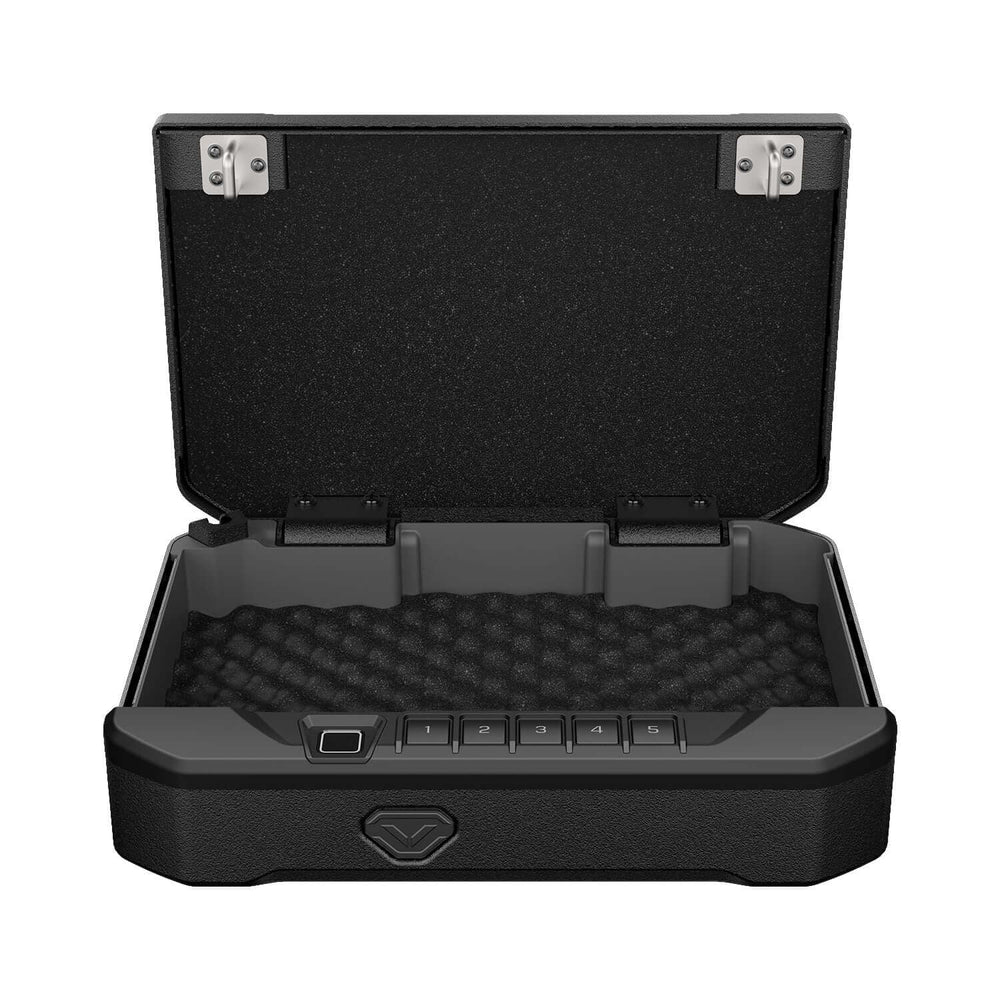 Vaultek 20 Series Biometric safe with an open lid showcasing its interior design and security features.