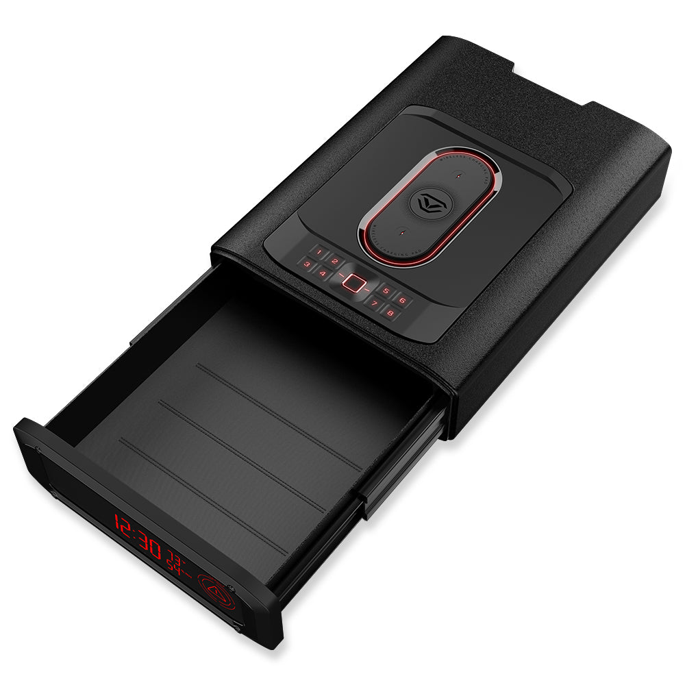 Vaultek DS5i Smart Station ViSN Biometric with drawer open for quick access to firearms and essentials.