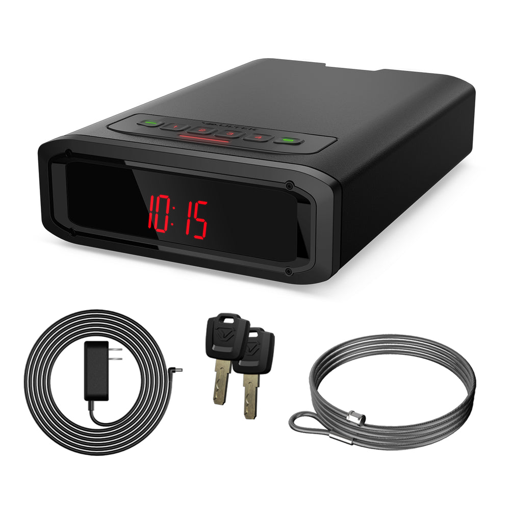 Vaultek DS2e Smart Station Safe with keypad, keys, security cable for added protection.