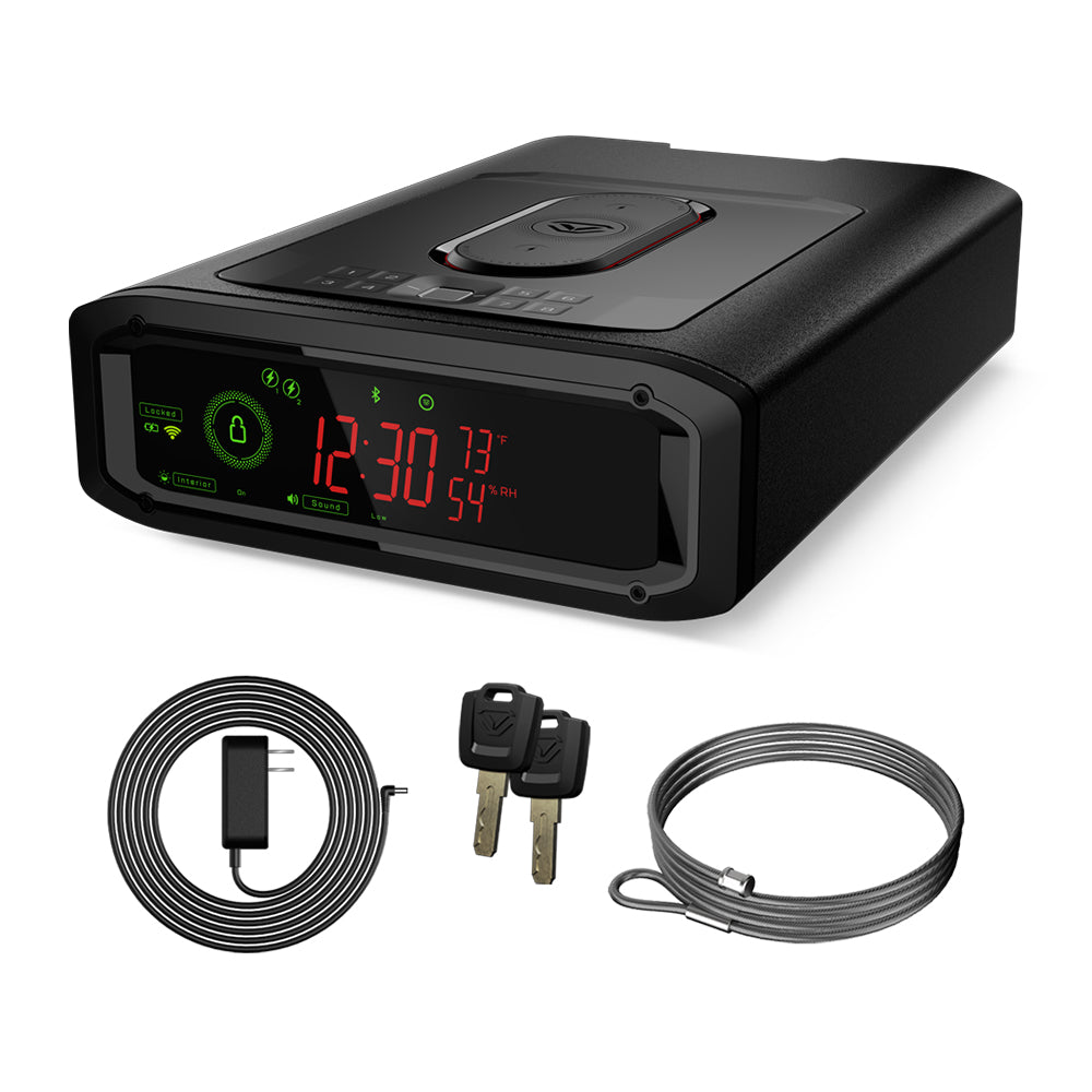 Vaultek DS5i Smart Station ViSN Biometric safe with display, keys, and charging accessories.