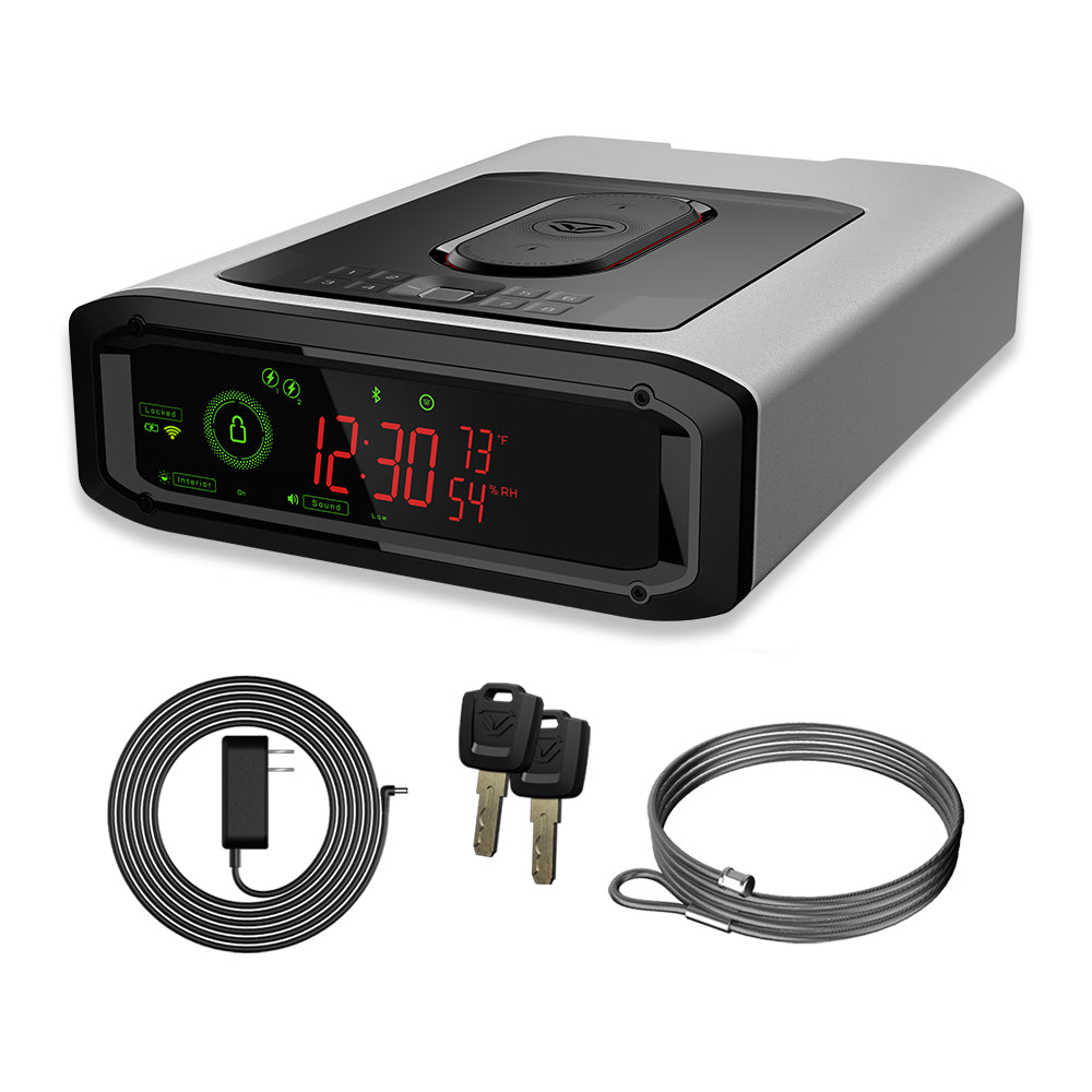 Vaultek DS5i Smart Station ViSN Biometric modern safe with digital display and accessories.