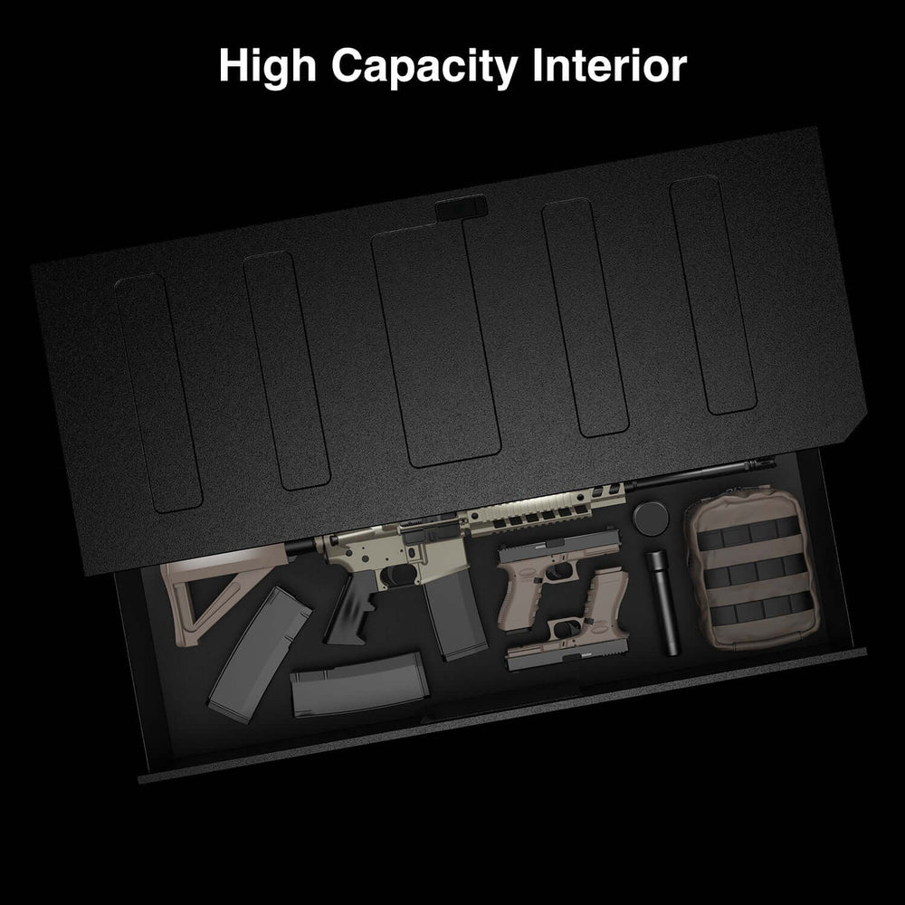 Vaultek RS Slider ViSN Biometric Safe high capacity interior showcasing storage for firearms and accessories.