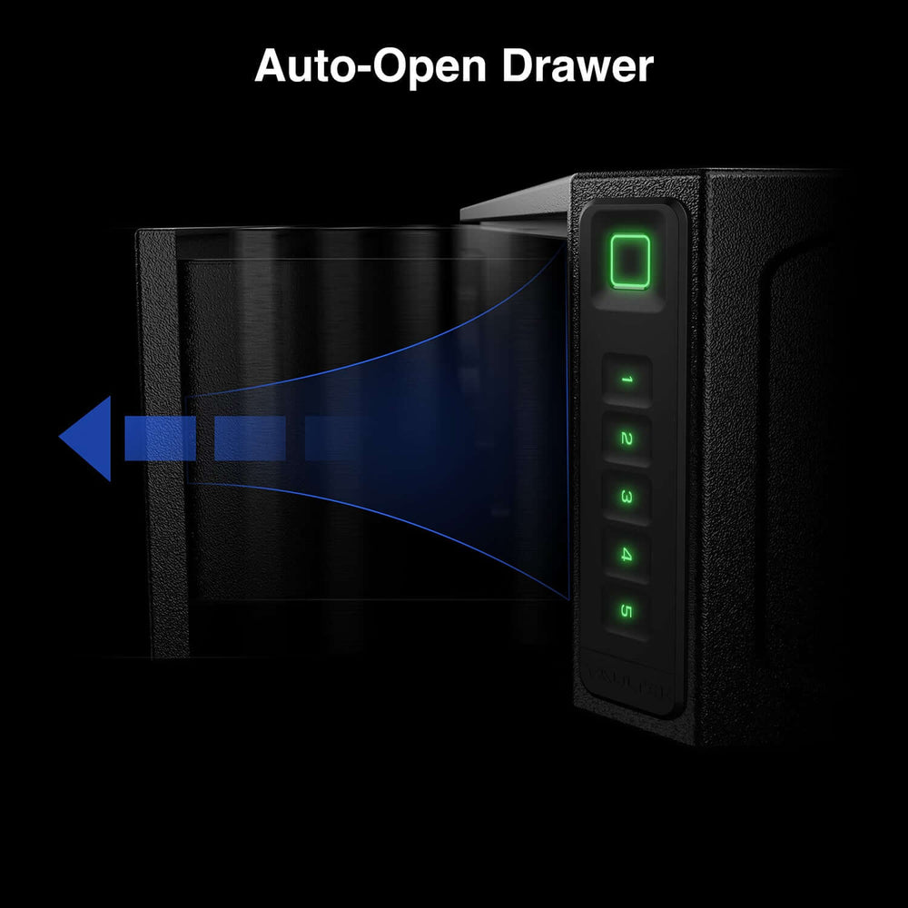 Vaultek RS Slider ViSN Biometric Safe showing the auto-open drawer feature for fast access.