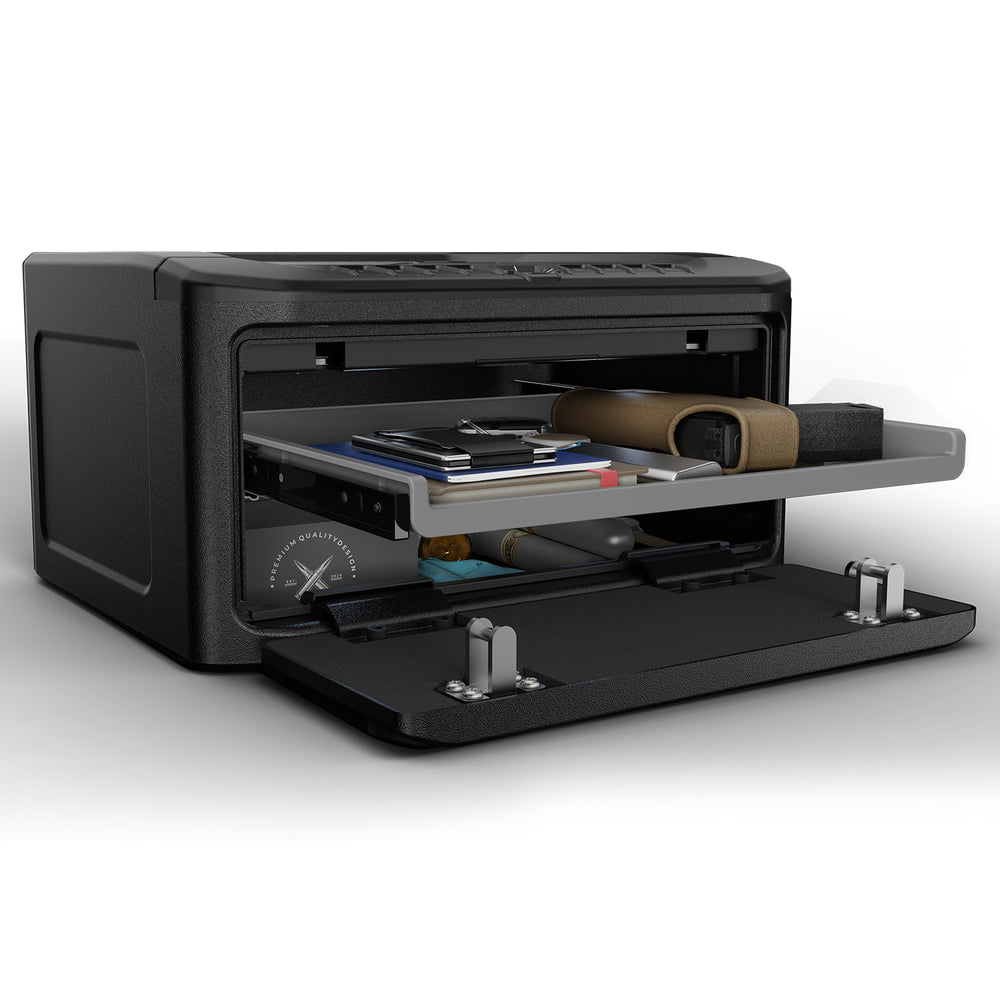 Vaultek MR Series ViSN Biometric Safe with pull-out shelf and various valuables stored inside.