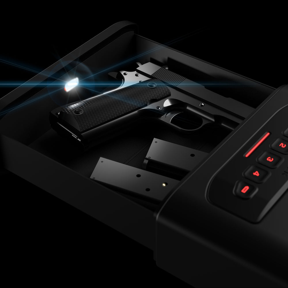 Vaultek DS2e Smart Station Safe with handgun and magazines inside illuminated drawer