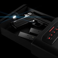 Vaultek DS2e Smart Station Safe with handgun and magazines inside illuminated drawer