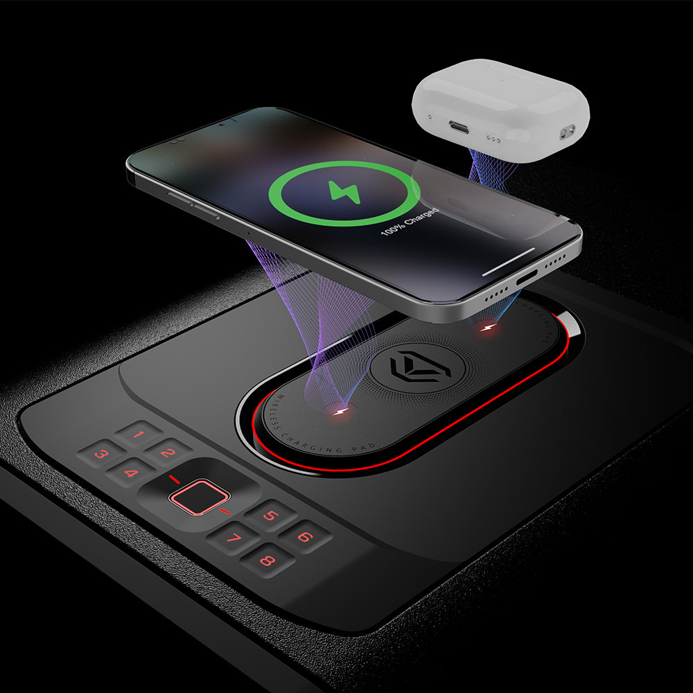 Vaultek DS5i Smart Station ViSN Biometric with wireless charging for smartphones and accessories.