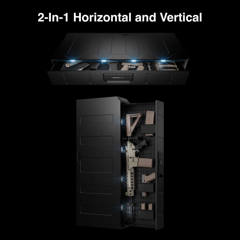 Vaultek RS Slider ViSN Biometric Safe showcasing 2-In-1 Horizontal and Vertical storage options with rifles.