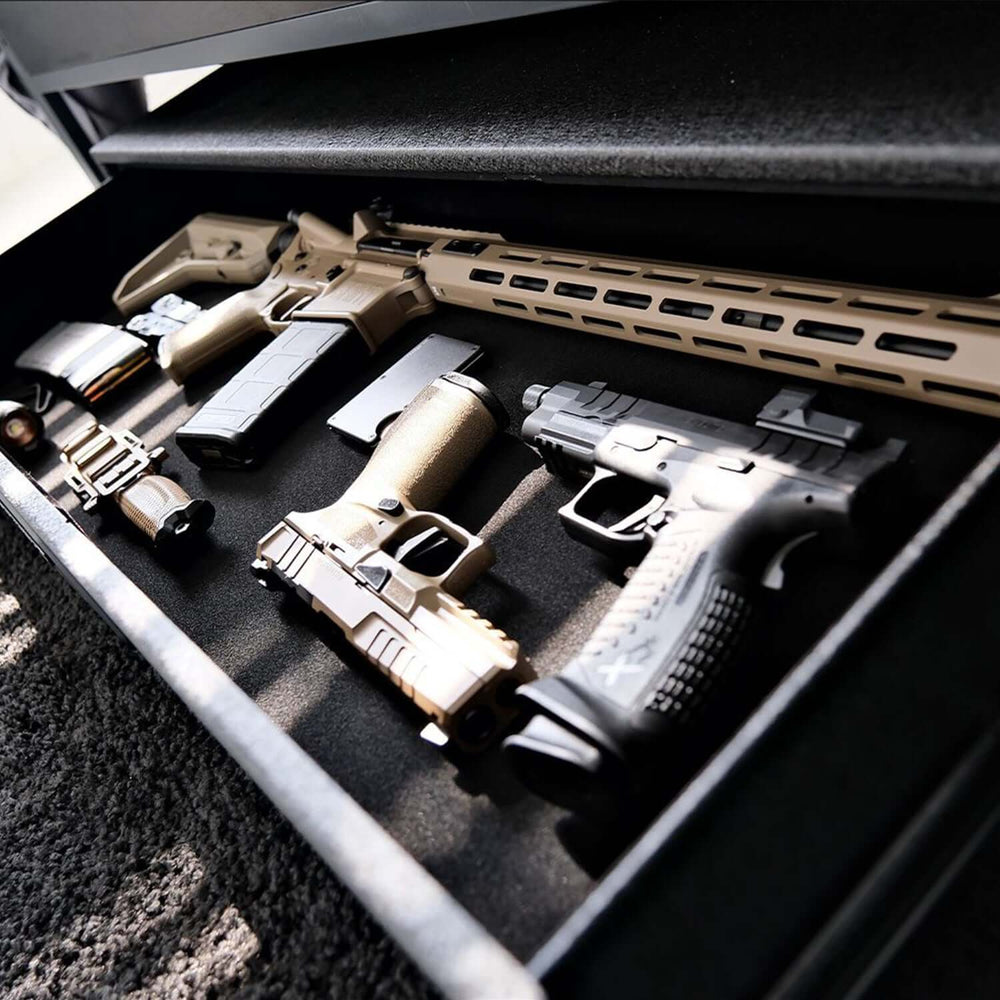 Vaultek RS Slider ViSN Biometric Safe with multiple firearms organized in a secure compartment.