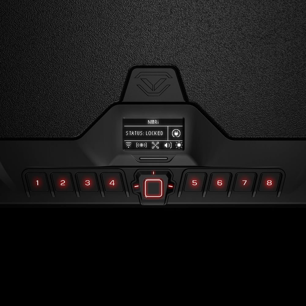 Vaultek MR Series ViSN Biometric Safe control panel displaying status and keypad.