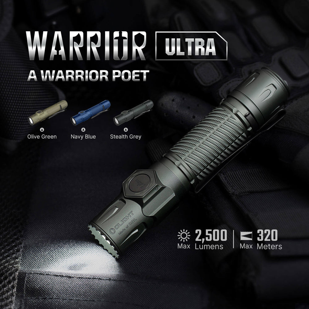 Olight Warrior Ultra 2500 Lumens Tactical Flashlight in Olive Green, Navy Blue, and Stealth Grey on tactical gear.