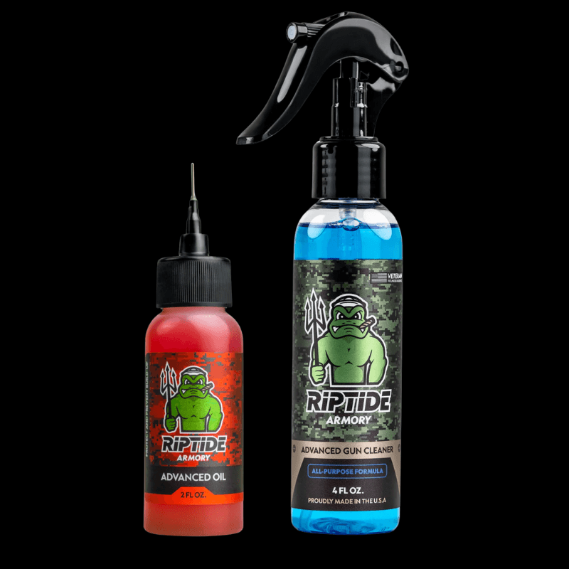 Riptide Armory Advanced Gun Cleaner & Advanced Oil 2 Step Kit showing cleaning spray and oil bottle.