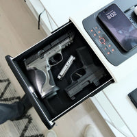 Vaultek DS5i Smart Station ViSN Biometric secure storage with two pistols and a smartphone.