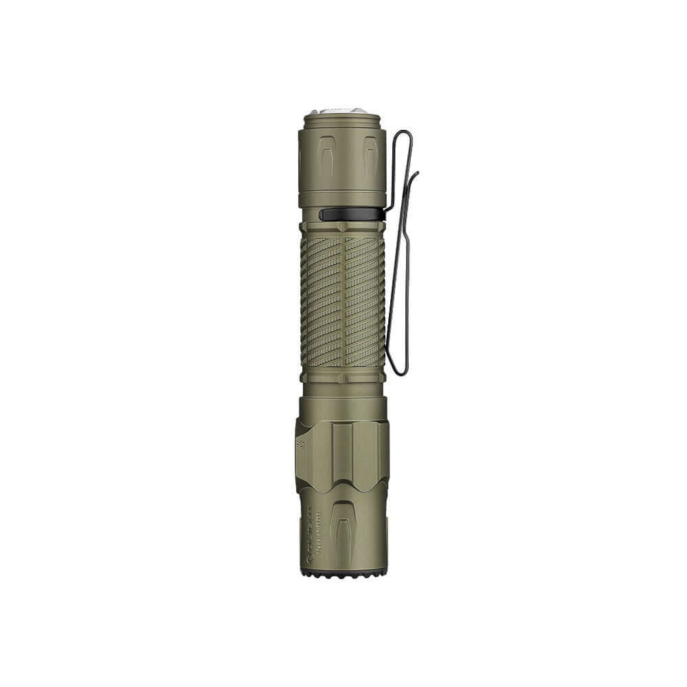 Olight Warrior Ultra 2500 Lumens Tactical Flashlight in olive green color with textured grip.