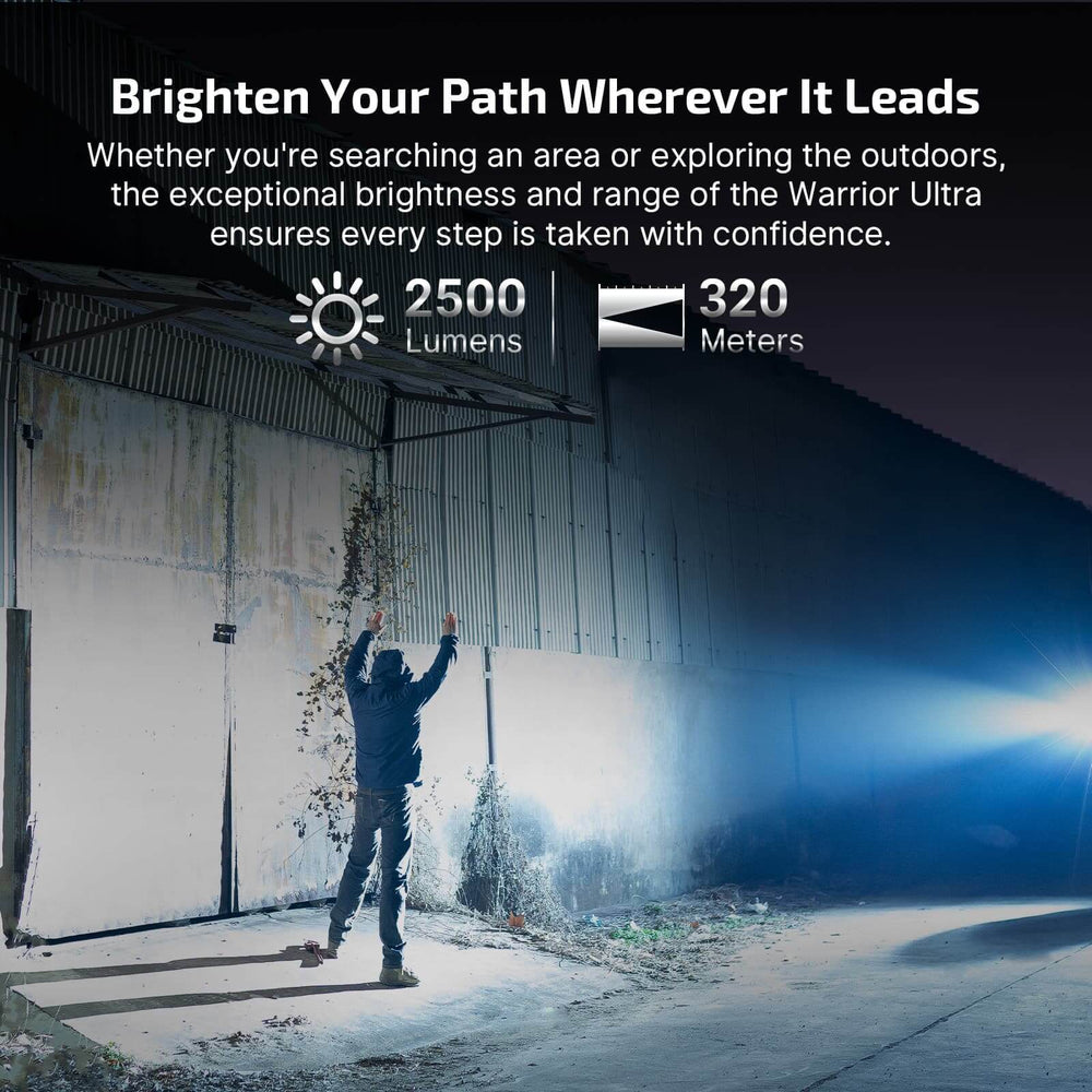 Olight Warrior Ultra 2500 Lumens Tactical Flashlight providing 2500 lumens and 320-meter beam for outdoor exploration.