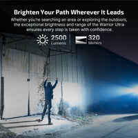 Olight Warrior Ultra 2500 Lumens Tactical Flashlight providing 2500 lumens and 320-meter beam for outdoor exploration.