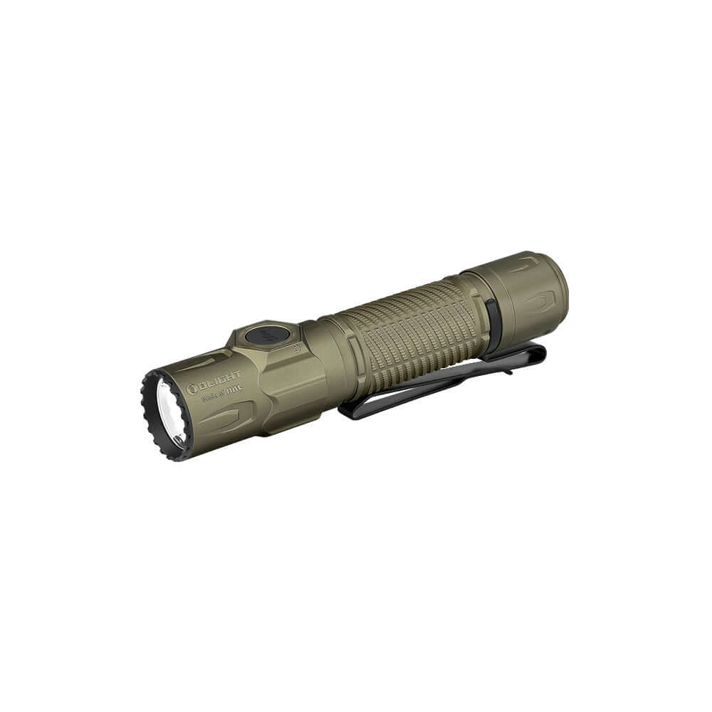 Olight Warrior Ultra 2500 Lumens Tactical Flashlight in green design, showcasing its durable build and powerful light.