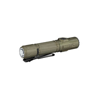 Olight Warrior Ultra 2500 Lumens Tactical Flashlight in green color, showcasing its durable design and clip.