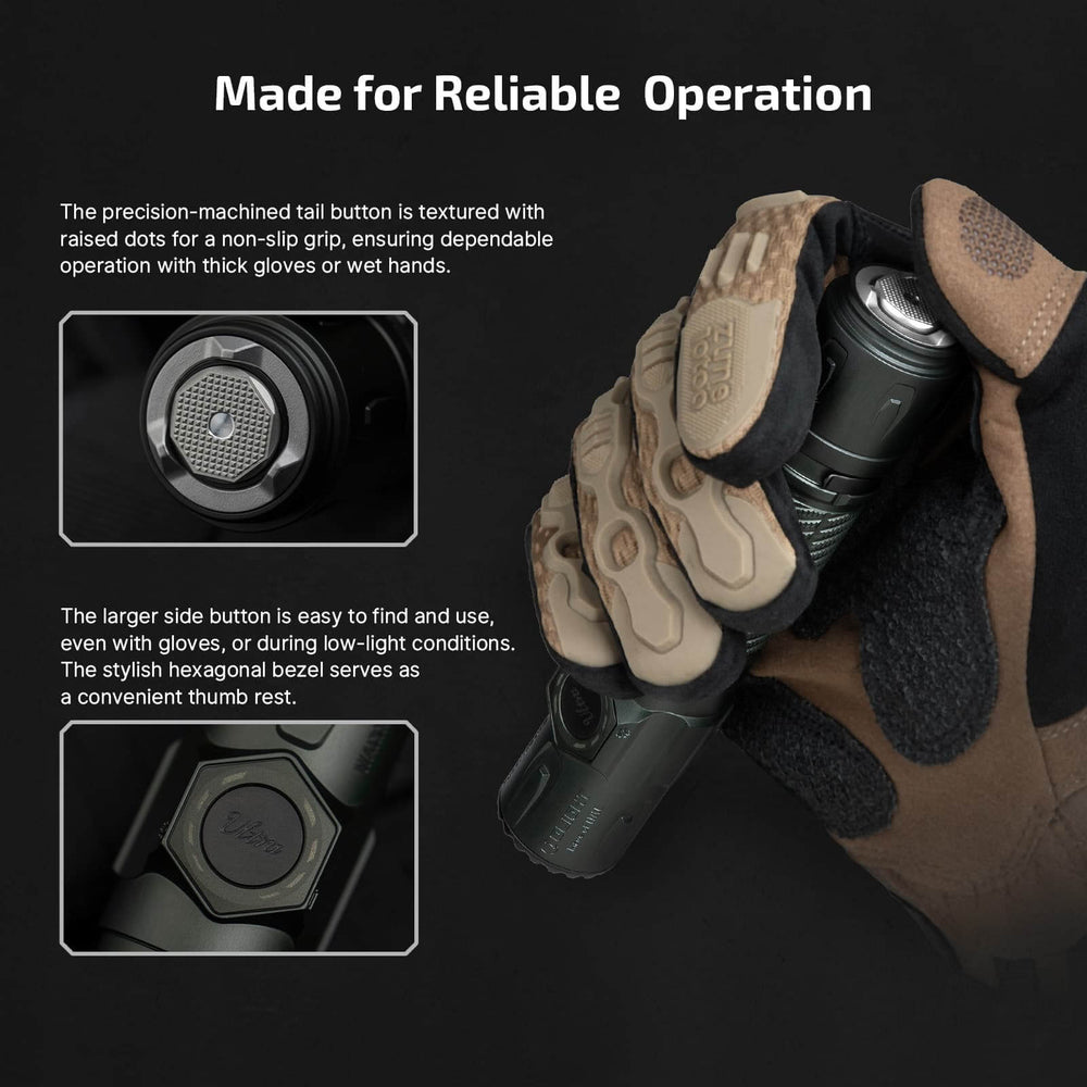 Olight Warrior Ultra 2500 Lumens Tactical Flashlight features textured tail button for reliable operation.