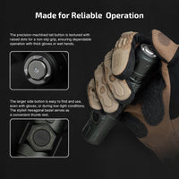 Olight Warrior Ultra 2500 Lumens Tactical Flashlight features textured tail button for reliable operation.