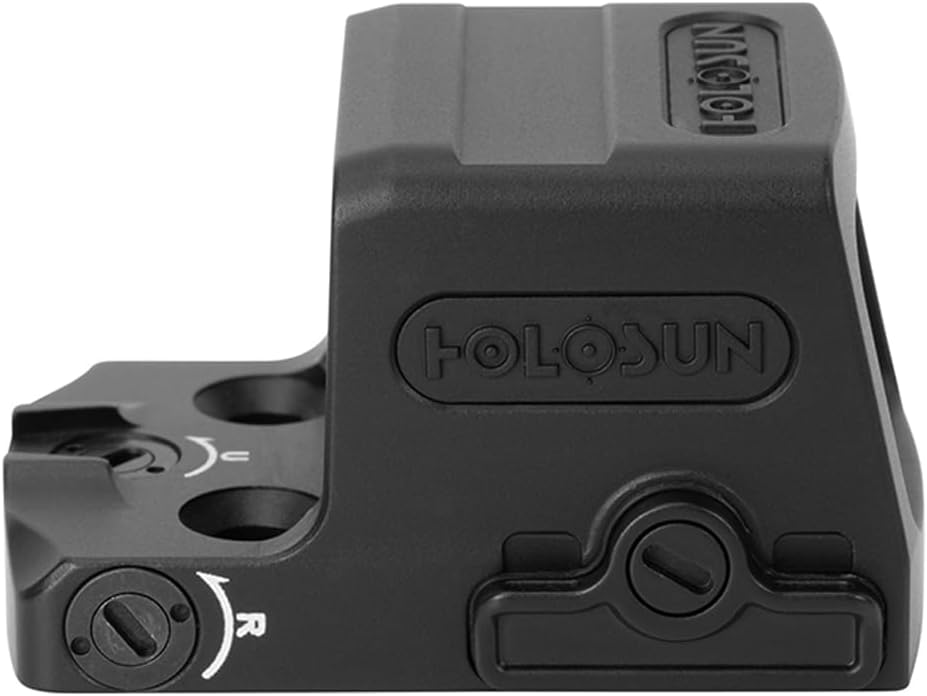 Holosun EPS Carry 2MOA reflex sight side view showcasing compact design and adjustment settings.