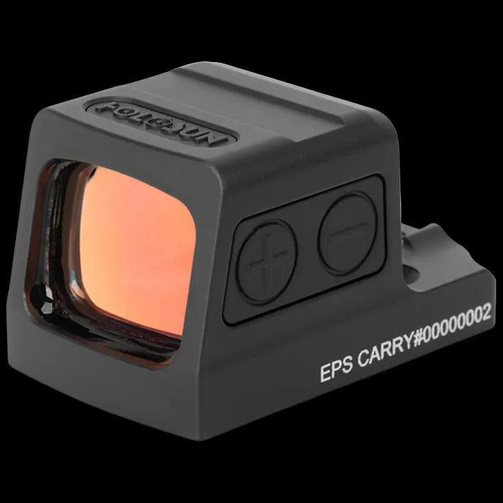 Holosun EPS Carry 2MOA reflex sight showing aspheric lens and controls on a black background.