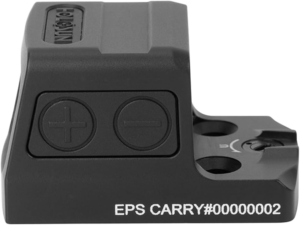 Holosun EPS Carry 2MOA enclosed handgun sight with buttons and adapter plate for subcompact handguns.