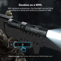 Olight Warrior Ultra 2500 Lumens Tactical Flashlight doubled as WML, shown mounted with accessories on a tactical setup.