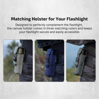Olight Warrior Ultra 2500 Lumens Tactical Flashlight in matching holsters, available in three colors for easy access.