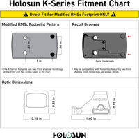 Holosun 507K X2 2MOA fitment chart for modified RMS footprint, detailing dimensions and recoil grooves.