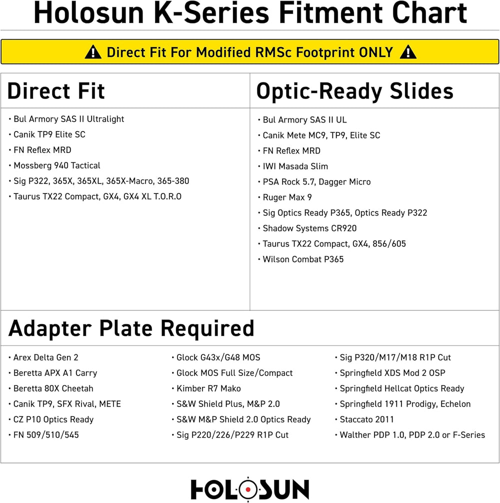 Holosun 507K X2 2MOA K-Series Fitment Chart for Direct Fit and Adapter Plate Requirements