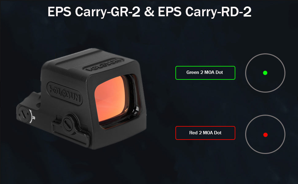 Holosun EPS Carry 2MOA reflex sight displaying green and red 2 MOA dot options.