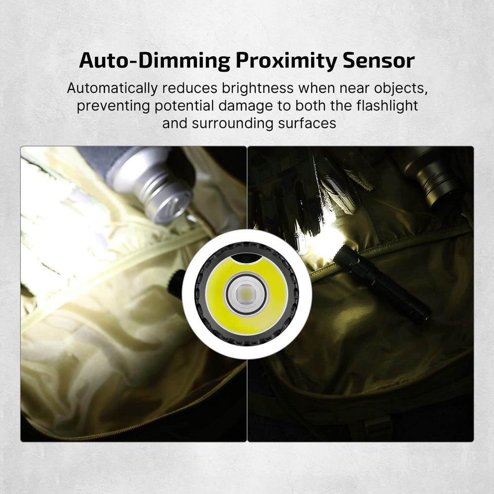 Olight Warrior Ultra 2500 Lumens Tactical Flashlight showcasing auto-dimming proximity sensor features.