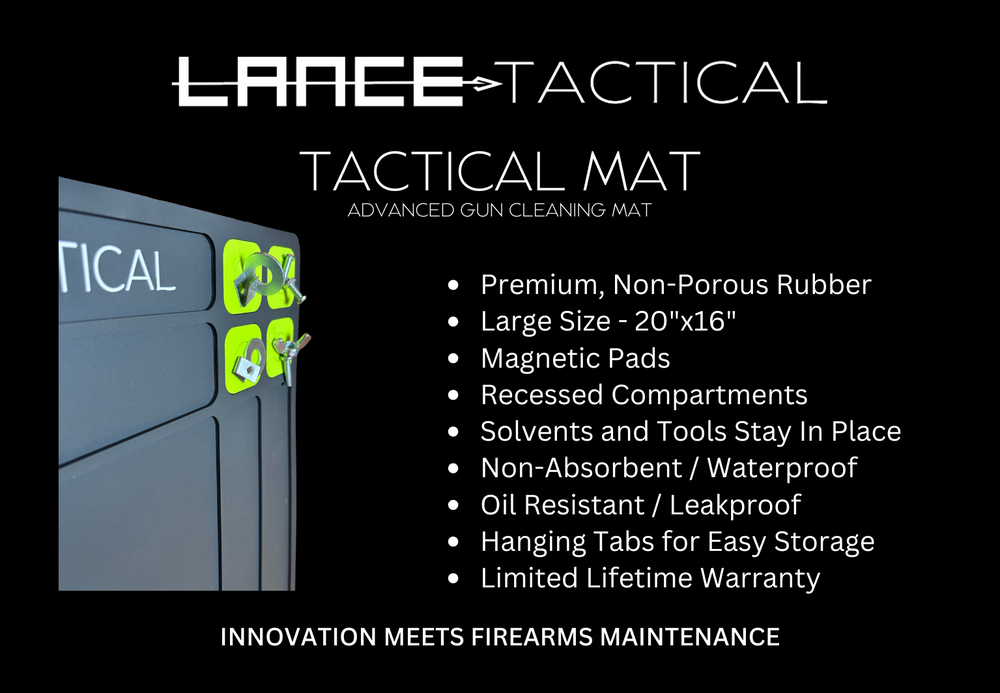 TacticalMat - 2 Mat Bundle design showcasing premium rubber, features like magnetic pads and recessed compartments for firearms maintenance.