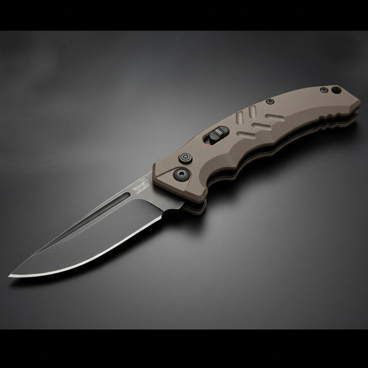 Folding knife with a brown handle and metallic blade on a white background