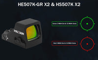 Holosun 507K X2 2MOA open reflex sight with green and red dot reticle options.