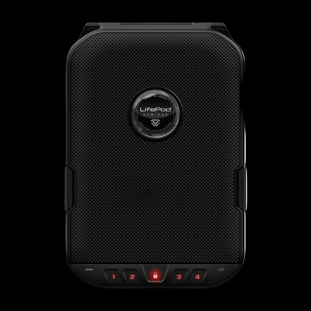 Vaultek LifePod Humidor 2.0, a portable black humidor with a built-in lock system, featuring a leather lid organizer and a touch activated keypad.