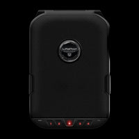 Vaultek LifePod Humidor 2.0, a portable black humidor with a built-in lock system, featuring a leather lid organizer and a touch activated keypad.