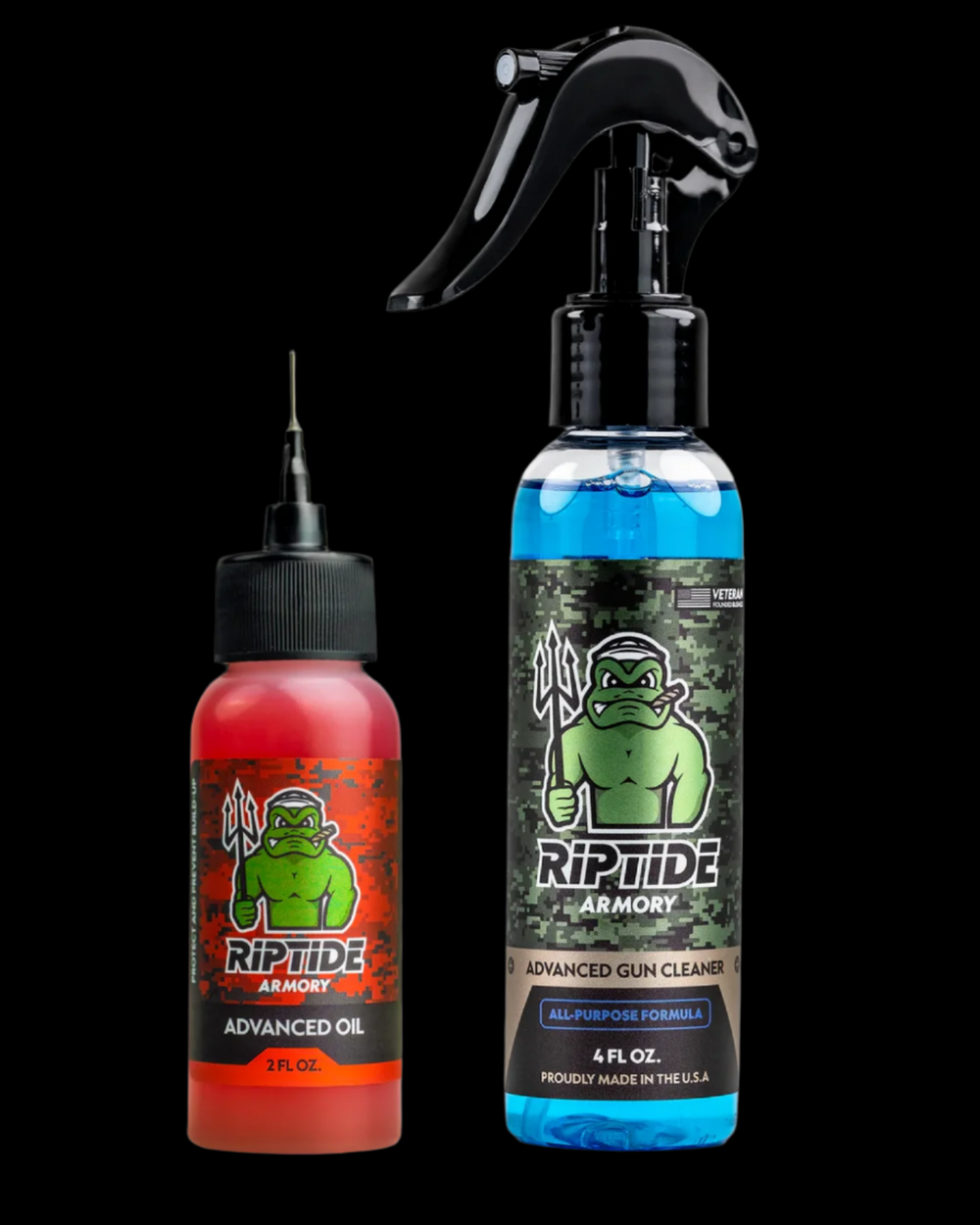 Riptide Gun Cleaning Bundle featuring advanced gun cleaner and oil in 4 oz and 2 oz bottles, made in the USA.