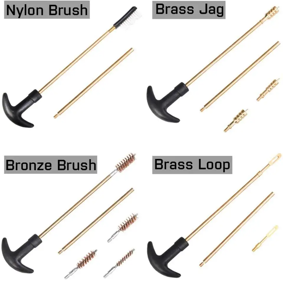 Riptide Gun Cleaning Bundle featuring nylon brush, brass jag, bronze brush, and brass loop tools for effective gun cleaning.