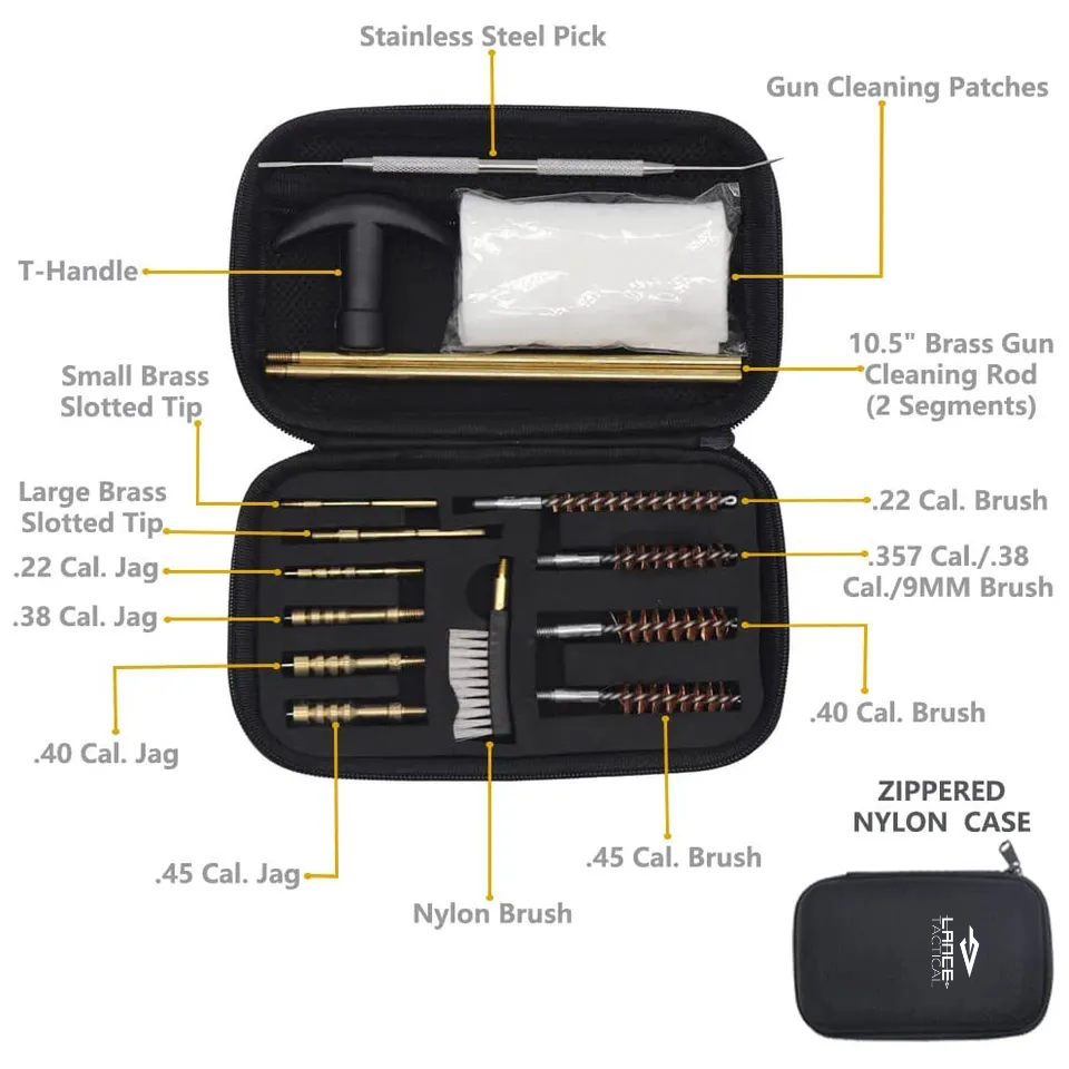 TacticalMat Gun Cleaning Bundle handgun cleaning kit with brass brushes and tools in nylon case.