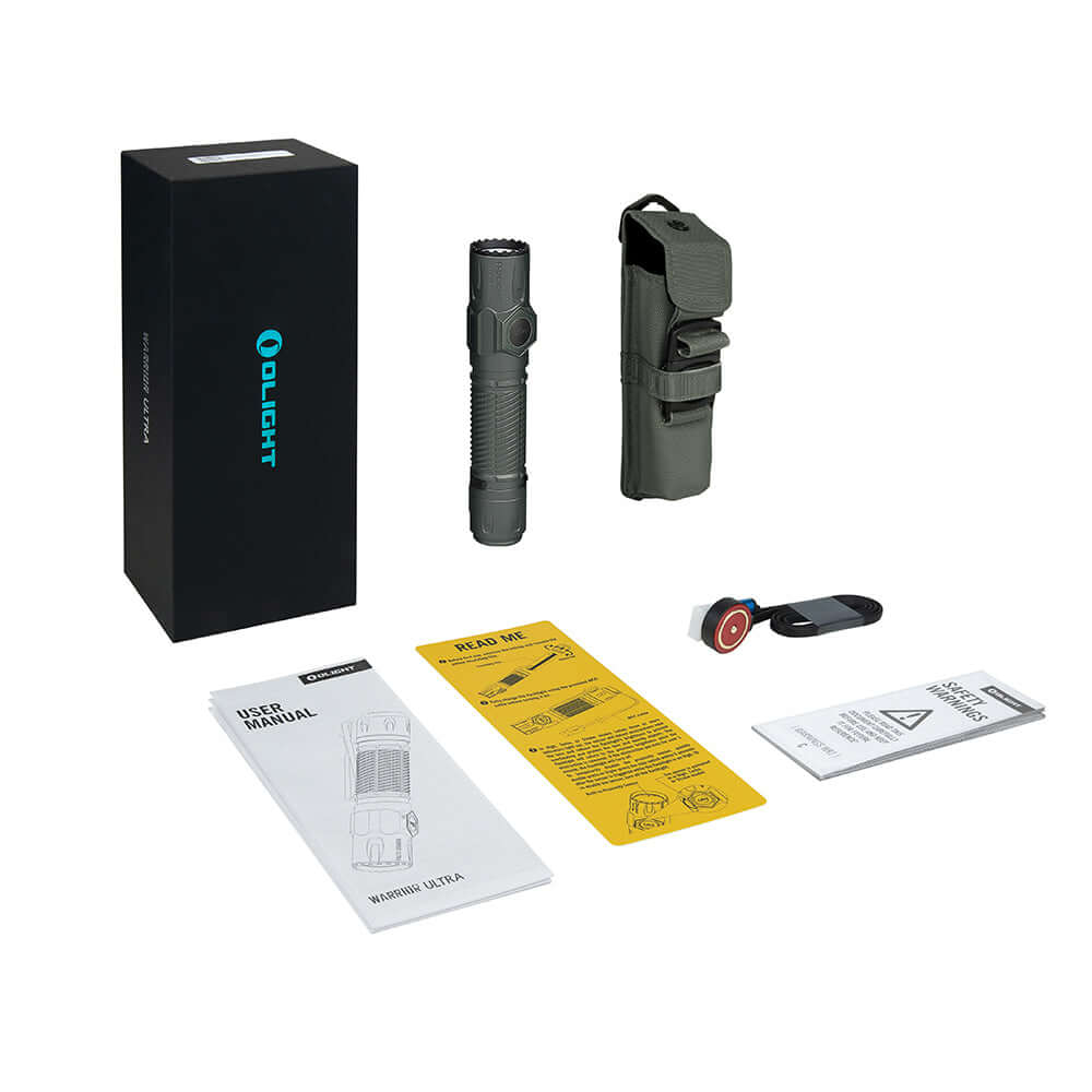 Olight Warrior Ultra 2500 Lumens Tactical Flashlight with packaging and accessories laid out.